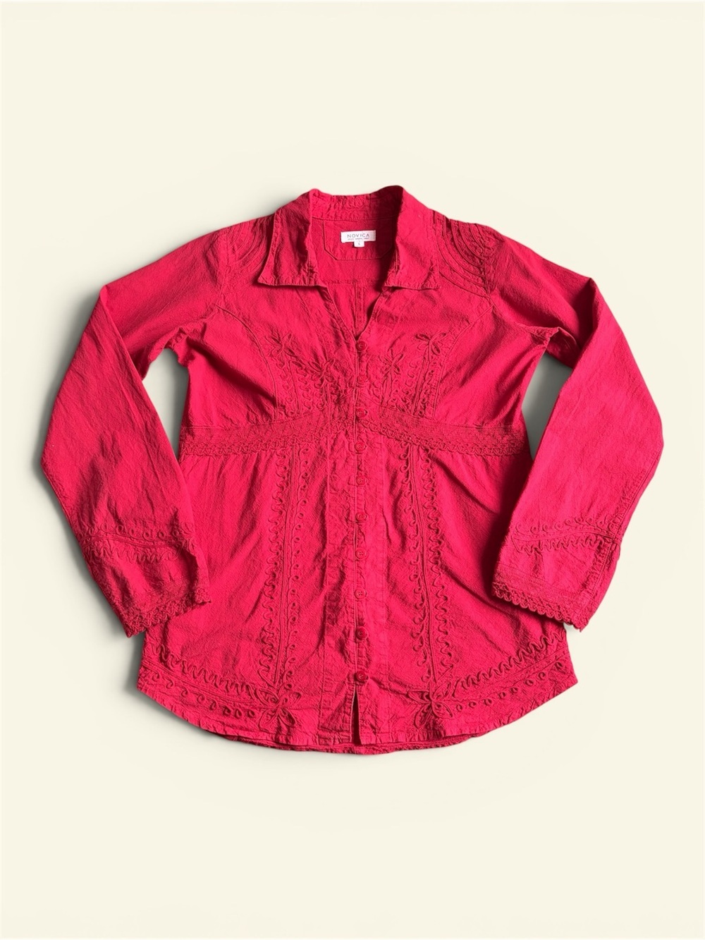 Vintage Novica Red Pima Cotton Embroidered Button Down Shirt Y2K Boho Top Size S